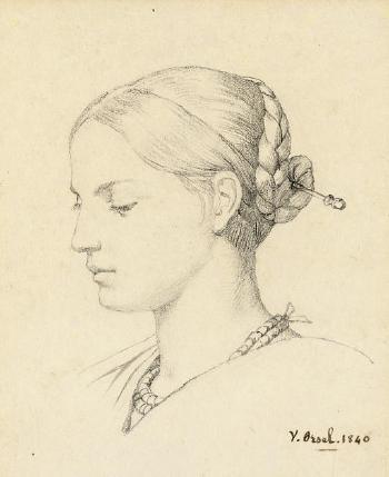 Portrait of a young woman, in profile to the left, a pin in her hair by 
																	Victor Orsel