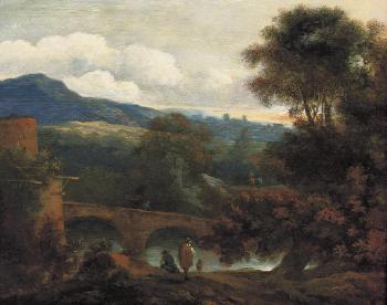 An Italianate wooded river landscape with figures on a bank by 
																	Lodewyck van Ludick
