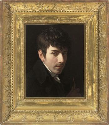 Portrait of André Feer (b1787), bust-length, in a black coat with a white by 
																	Constant Vaucher