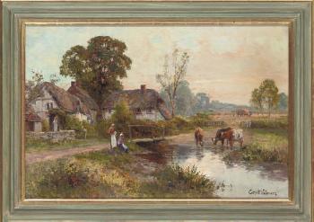 Cottages beside a river by 
																	E Walbourn