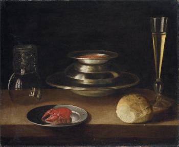 Bread, a carafe of wine, an upturned roemer and a crayfish on a plate with a bowl of soup and glass of wine by 
																			Sebastien Stoskopff