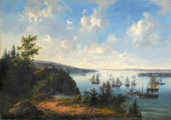 An Amercian port view said to be San Franciso harbor by 
																	Josef Carl Berthold Puttner