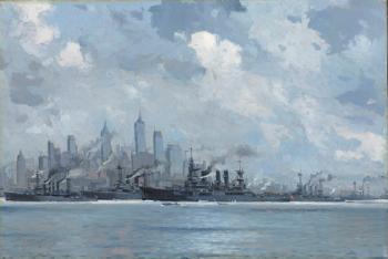 German warships in New York harbor honoring the visit of Kaiser Wilhelm's son, with a view of the New York skyline by 
																	Victor Quistdorff