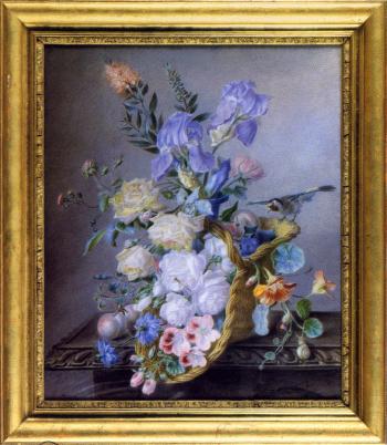 Bouquet de fleurs, fleurs dans un panier, oiseau, fruits sur en entablement by 
																			Louise Logerot