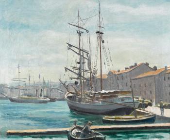 Hafenpartie mit Seglern. by 
																	Arthur Gueydan