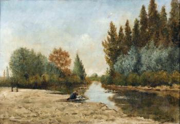 Flussuferpartie mit Wäscherin im Wald von Fontainebleau. by 
																	Henri-Charles Trouville