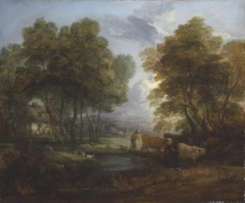 A wooded landscape with a herdsman, cows and sheep near a pool by 
																			Thomas Gainsborough