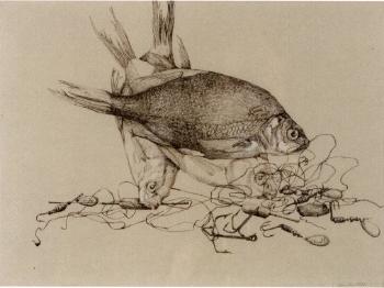 Stilleben mit Fischen und Angelhaken by 
																	Reinhold Naegler