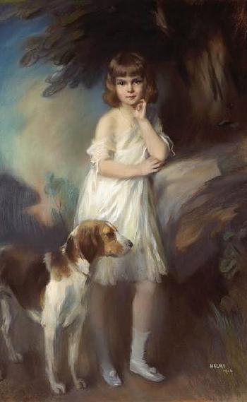 A portrait of Gloria Gould, full-length, in a white dress with her dog by her side by 
																	Arthur Halmi
