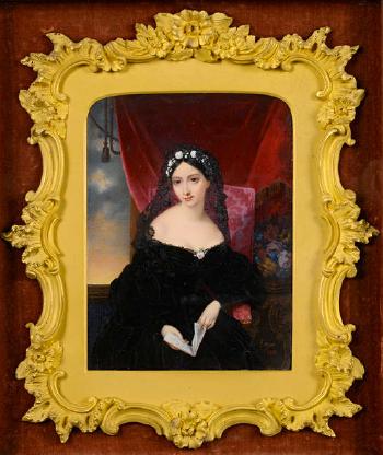 A Lady, seated on an upholstered chair, wearing black dress, pink rose at her corsage, black lace veil and wreath of white roses in her black hair, holding an open book bearing inscription Beati gl'occhi che la vider viva, tasselled red curtain... by 
																	Guglielmo Faija