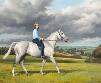 A dappled grey mare and rider before a landscape by 
																	Leesa Sandys-Lumsdaine