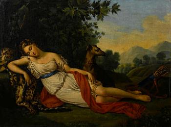 Diana the Huntress and her dog resting in a landscape by 
																	Elisa de Gamond