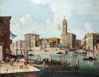The entrance to the Cannaregio, Venice, with San Geremia and its campanile by 
																	Antonio Canals
