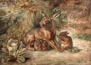 Study of a hare and two leverets by 
																	Edmund Caldwell