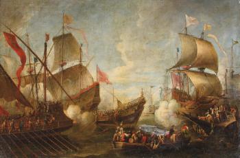 A naval battle between Turks and Christians by 
																	Cornelis de Wael