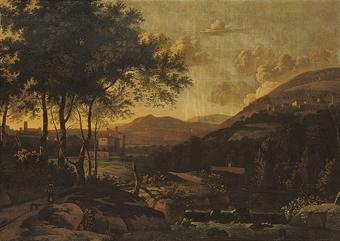 A wooded river landscape with a peasant woman and a dog on a track, a town beyond by 
																	Adriaen Jansz Ocker