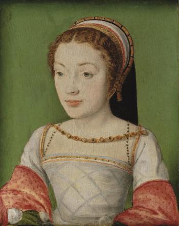 Portrait of Renée de France (1510-1574), bust-length, in a white dress with red sleeves, with a jewelled necklace and a head-dress by 
																			Corneille de Lyon
