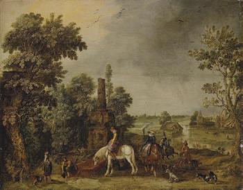 An extensive landscape with a hunting party halting by a classical fountain by 
																			Esaias van de Velde