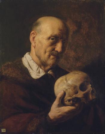 vanitas: An old man, half-length, in a fur-lined coat, holding a skull by 
																			Jan Lievens