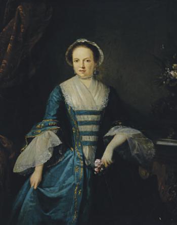 Portrait of a lady in a blue dress, three-quarter length, holding a rose by 
																			John Giles Eccardt