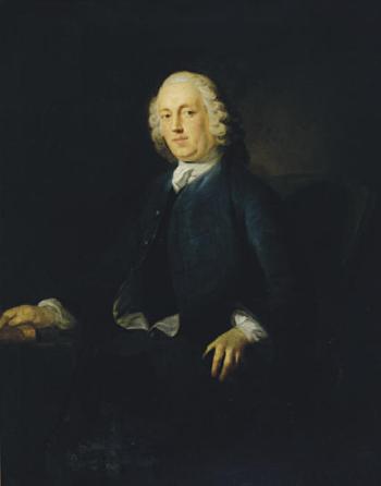 Portrait of a gentleman, three-quarter length, seated by a table by 
																			John Giles Eccardt