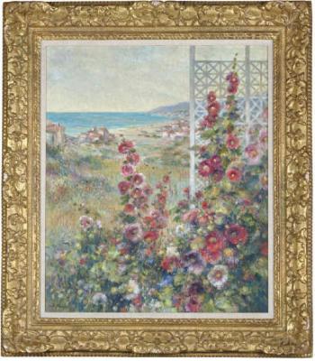 Blooming hollyhocks in a garden by the sea by 
																			Henri Plisson