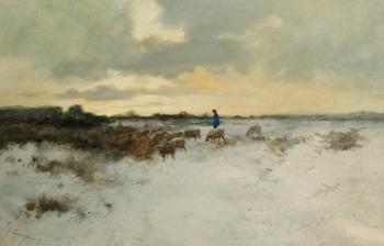 A herdsman and his cattle in a winter landscape by 
																	Johannes Garjeanne