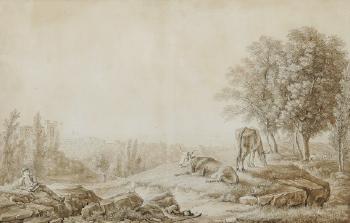 Ruhender Hirte mit Herde bei Neapel, im Hintergrund das Meer by 
																	Johann Heinrich Troll