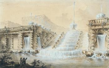 Une fontaine monumentale avec deux figures au premier plan by 
																	Charles de Wailly