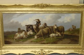 Sheep and goats with their kids in a landscape, hills in the distance by 
																	Adolf Nowey
