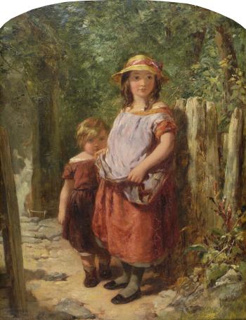 Two children standing beside a gate, a cottage door nearby by 
																	James Curnock