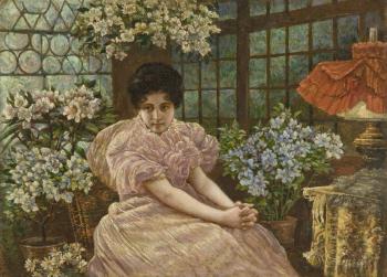 Junge Frau im Wintergarten by 
																	Jules Emile Crochet