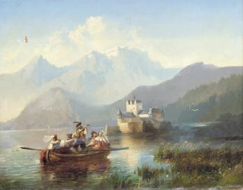 Schweizer Seelandschaft mit Ausflugsboot by 
																	Georg Jabin