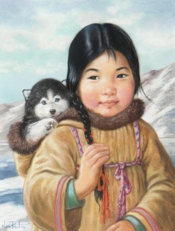 Young Inuit girl and pup by 
																	Peter Nori