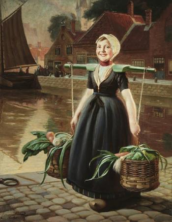 Smiling Dutch girl carrying a basket of vegetables by 
																	Herman Knopf