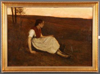 Shepherdess with dog at dusk by 
																			Alexander Struys