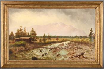 Landscape with fallen tree over river and mountains behind by 
																			Howard A Streight