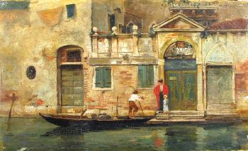Figures by a Venetian canal by 
																	William H Jobbins