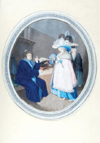 The predicition, portraying Queen Marie Antoinette, in large, wide-brimmed and plumed hat, and fur-trimmed pink satin cape over a long blue silk dress, and the Princess de Lamballe, in a white lace hat with black band, and wide lace collar over ... by 
																	Josef Rediger
