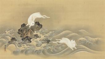 Rabbits frolicing in the waves by 
																	 Kano Seisen'in