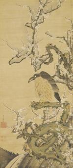 Hawk on a blossoming plum branch by 
																	Ito Jakuchu