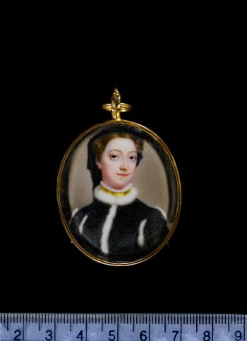 A Lady, wearing robe of black brocade, the bodice and sleeves trimmed with white fur, pearl and gold choker, her brown hair dressed beneath a black wimple by 
																	William Prewitt