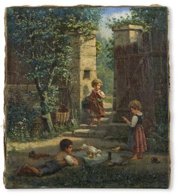 Spielende Kinder am Gartentor by 
																	Curt Agthe