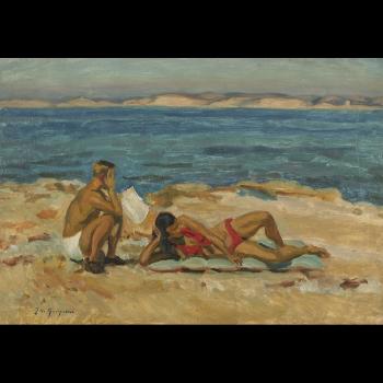 Sunbathing couple on a beach by 
																	Jean de Gaigneron