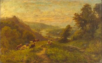 Summer river landscape with figures by 
																	George Cammidge
