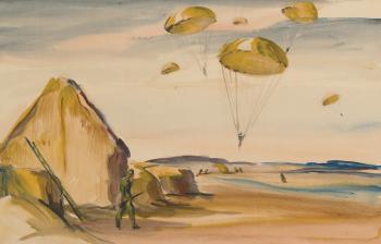 Canadian parachute battalion landing. Parachute tree landing by 
																			George Campbell Tinning