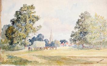 A collection of watercolours consisting of village scenes, a country landscape, castle ruins and a beached hull by 
																	George Nattress