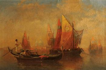 Gondolier and boats in the Grand Canal, Venice by 
																	Luigi Lagoni