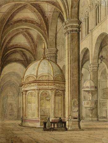 Innenansicht einer toskanischen Kirche mit Baptisteruim, davor zwei Betende auf einem Betschemel kniend by 
																	Lorenzo Bandoni