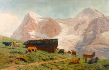 Kuhe auf der Wiese vor Eiger und Jungfrau by 
																	Albert Lugardon